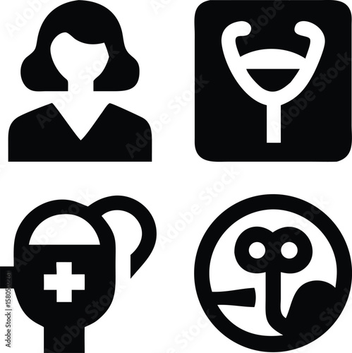 Set of black medical icons showing people silhouettes and business symbols vector design