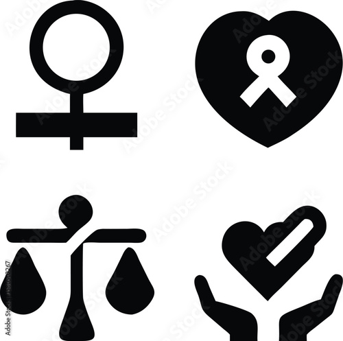 Vector black and white female icon set with glossy circle buttons and silhouette style design