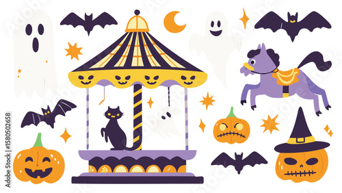 Halloween themed carousel with ghosts bats pumpkins and a purple horse illustration design