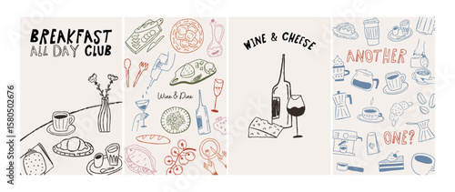 Set of posters for cafe and restaurants, hand drawn doodle outline style with grunge texture, retro drawing. Prints for brunch advertisement, mediterranean kitchen, winery. Vector illustration.