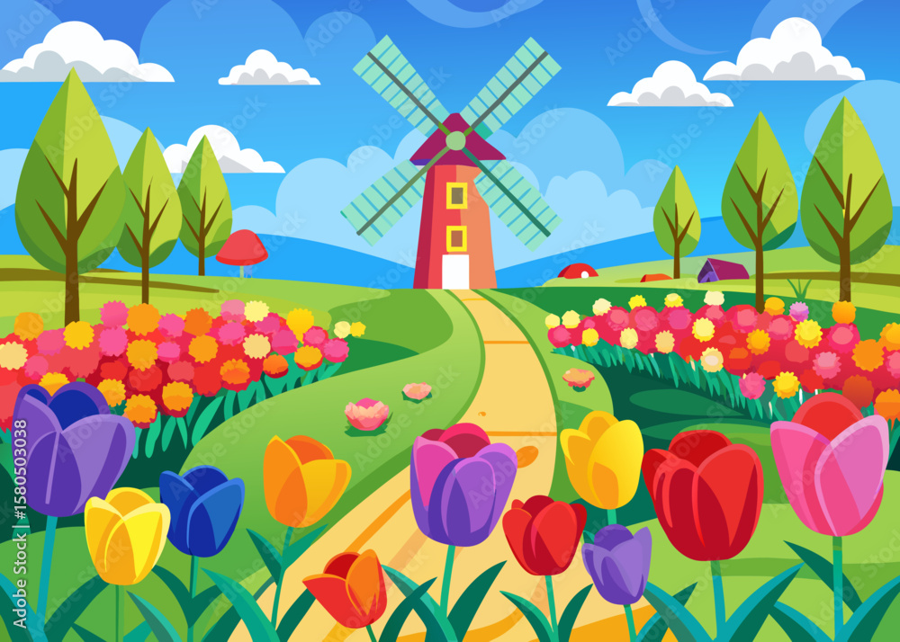 Fototapeta premium Vibrant dutch countryside landscape with a windmill and colorful tulips in bloom
