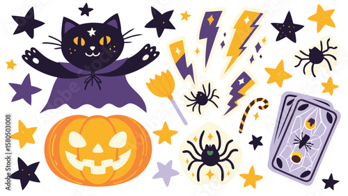 Halloween themed illustration with a black cat pumpkin stars lightning bolts and spider elements scattered around
