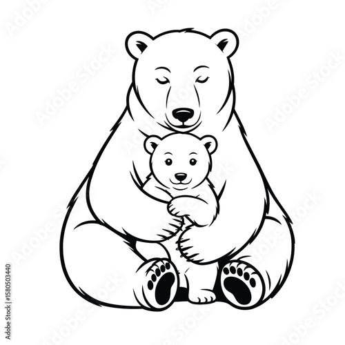 Polar bear mom cuddling baby cub tender black and white vector illustration