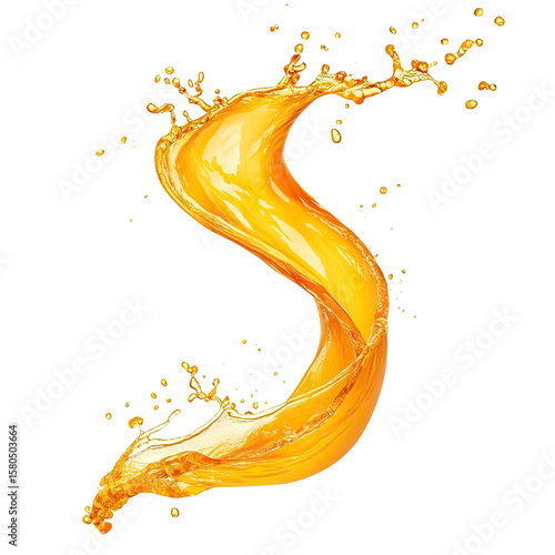 Bright orange juice splash in spiral motion, isolated on transparent cutout background