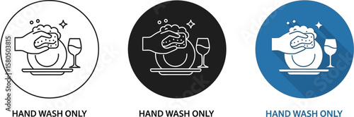 Hand wash only icons showing cleaning a plate and glass with a sponge
