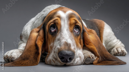 Adorable basset hound dog laying down with a sweet and sad expression on gray background