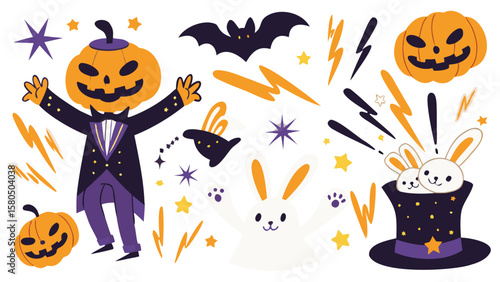 Halloween themed illustration with pumpkin man, bat, rabbit in hat and stars scattered around
