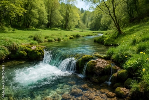 Serene forest stream with waterfall.