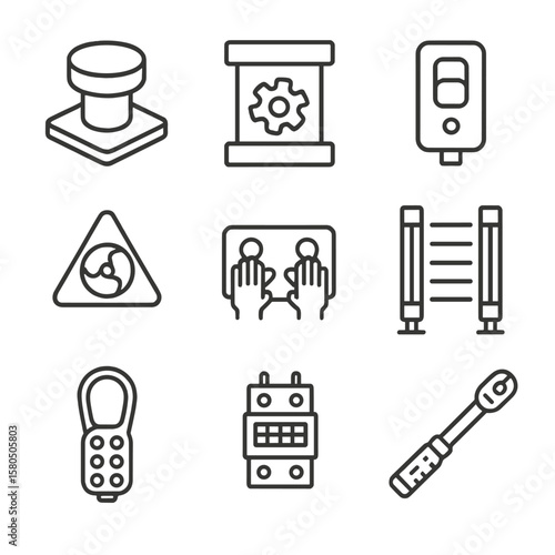 Industrial Safety Icons. Line style icons of Industrial Machine Safety: emergency stop button, machine guard, interlock switch,