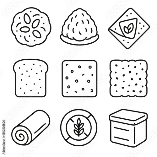 Gluten-Free Bakery Icons. Line style icons of Gluten-Free Bakery Treats: almond flour cookie, coconut macaroon, buckwheat crepe,