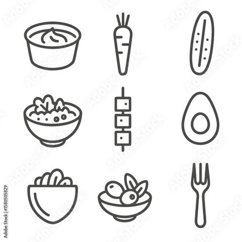 Vegan Picnic Icons. Line style icons of Vegan Picnic Menu: hummus cup, carrot stick, cucumber spear, quinoa salad bowl, tofu