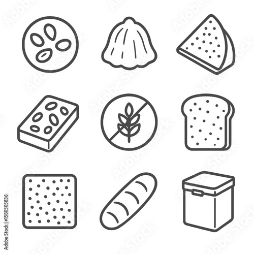 Gluten-Free Bakery Icons. Line style icons of Gluten-Free Bakery Treats: almond flour cookie, coconut macaroon, buckwheat crepe,