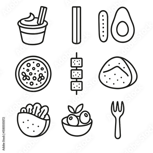 Vegan Picnic Icons. Line style icons of Vegan Picnic Menu: hummus cup, carrot stick, cucumber spear, quinoa salad bowl, tofu