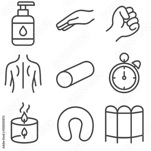 Swedish Massage Icons. Line style icons of Swedish Massage Tools: massage lotion bottle, effleurage hand icon, kneading fist,
