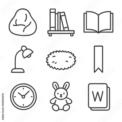 Cozy Reading Corner. Line style icons of Reading Corner Cozy: beanbag chair, bookshelf, storybook, reading lamp, fuzzy rug,