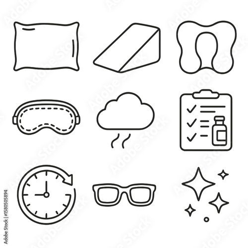 Sleep Care Icons. Line style icons of Sleep-Lines Prevention: silk pillowcase, side-sleep wedge, anti-wrinkle pillow core, sleep