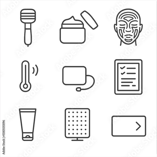 Radiofrequency Treatment Icons. Line style icons of Pro-Level Radiofrequency: RF handpiece head, conductive gel jar, heat map face