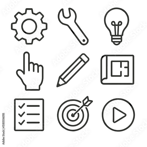 How-To Icons Collection. Line style icons of How-To Headlines: gear icon, wrench, lightbulb, pointing finger, pencil, blueprint,