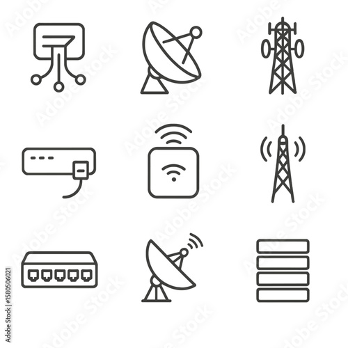 Communication Network Icons. Line style icons of Communication Networks: fiber-optic node, microwave link dish, cellular base