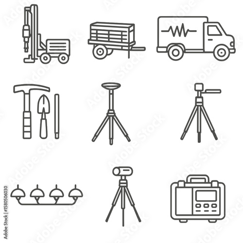 Geological Equipment Icons. Line style icons of Geological Field Support Equipment: core drill rig, sample cart, seismic survey