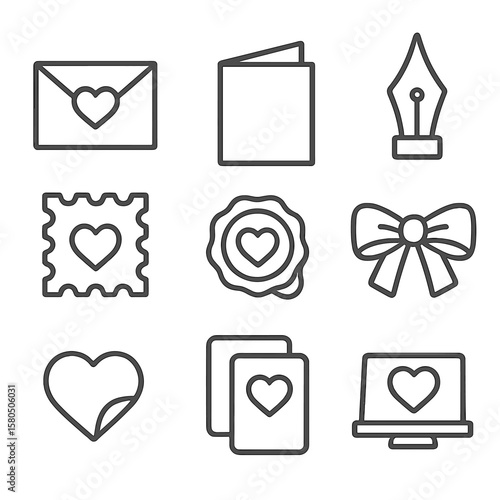 Line Style Thank You. Line style icons of Thank You Cards: envelope with heart, folded card, pen nib, postage stamp, wax seal,