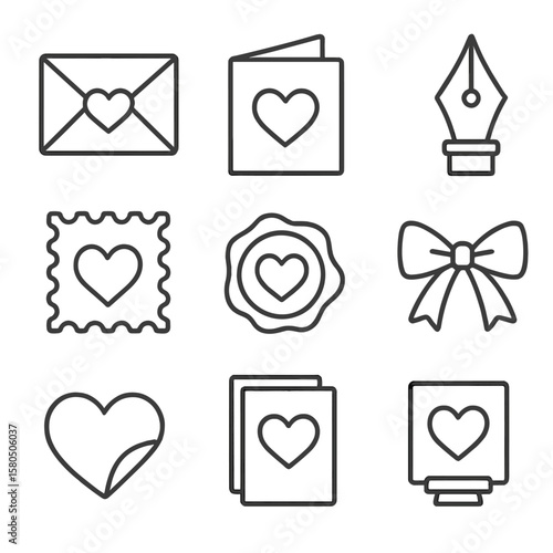 Line Style Thank You. Line style icons of Thank You Cards: envelope with heart, folded card, pen nib, postage stamp, wax seal,