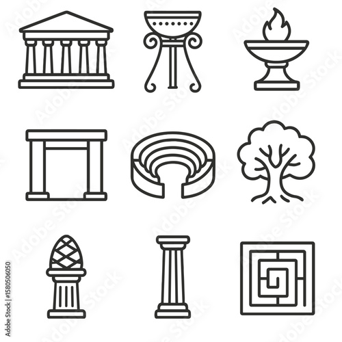 Sacred Temple Icons. Line style icons of Sacred Temples: Parthenon facade, Delphi tripod, Olympia altar, Eleusis gateway,