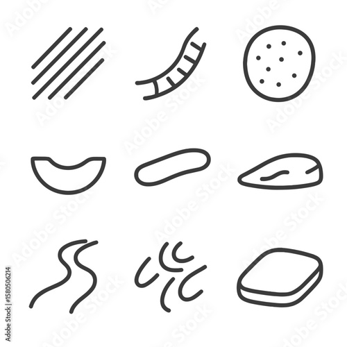 Erosion Texture Icons. Line style icons of Erosion Textures: glacial striation line, chatter mark groove, glacial polish patch,