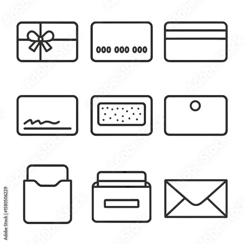 Gift Card Icons. Line style icons of Physical Gift Card Designs: plastic card, embossed numbers, magnetic stripe, signature panel,