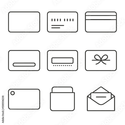 Gift Card Icons. Line style icons of Physical Gift Card Designs: plastic card, embossed numbers, magnetic stripe, signature panel,
