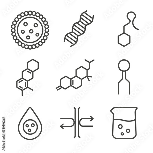 Lipid Nanoparticle Components. Line style icons of Lipid Nanoparticle Delivery: LNP vesicle, mRNA strand, PEG lipid, ionizable