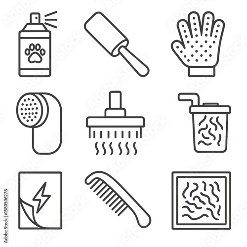Shedding Control Icons. Line style icons of Shedding Control Methods: anti-shed spray, lint roller, pet hair glove, fabric shaver,
