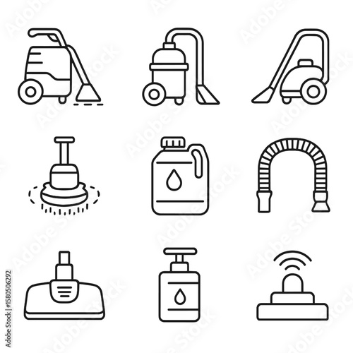Deep Cleaning Icons. Line style icons of Deep Cleaning Equipment: carpet extractor, hot water injector, suction vacuum, rotating
