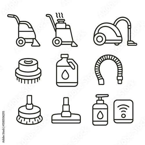 Deep Cleaning Icons. Line style icons of Deep Cleaning Equipment: carpet extractor, hot water injector, suction vacuum, rotating