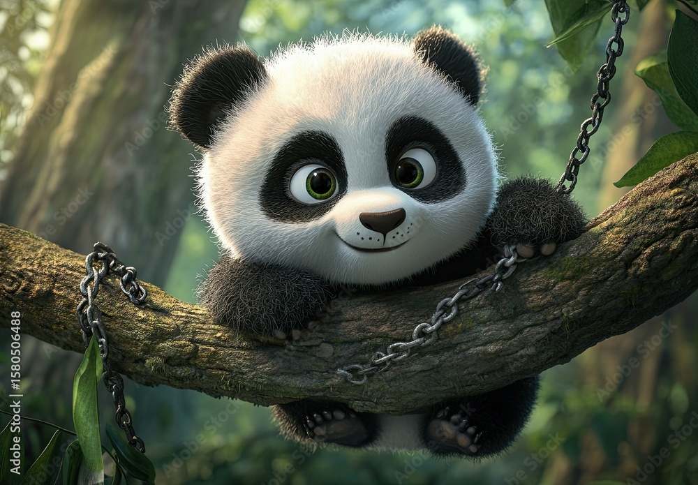 Obraz premium A cute little panda is hanging on the branch of an ancient tree
