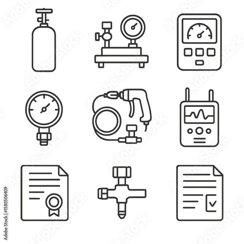 Gas Cylinder Calibration Icons. Line style icons of Gas Cylinder Calibration & Testing: calibration gas cylinder, test bench,