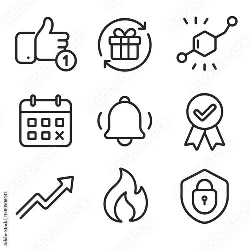 Gamification Line Icons. Line style icons of Behavioral Gamification: habit streak, reward loop, dopamine spark, habit calendar,