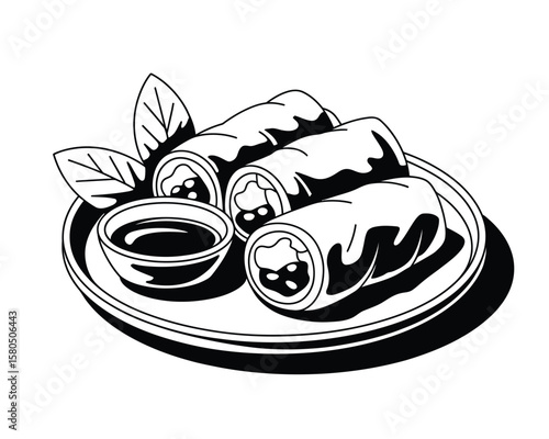 Line drawing of halved spring rolls on plate with dipping sauce and garnish, bold black outlines in minimalist white background food sketch