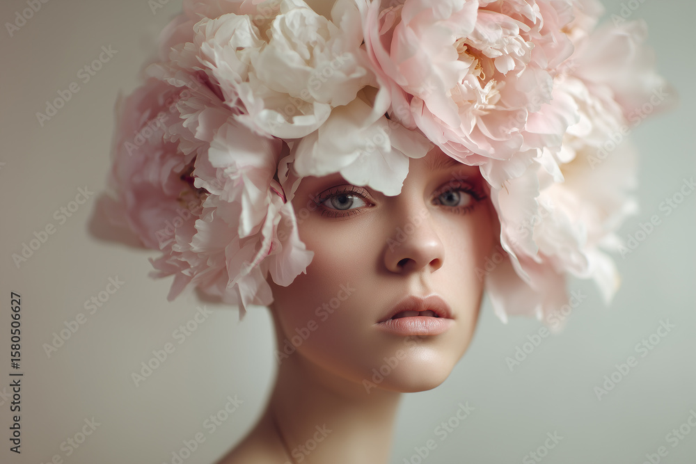 Fototapeta premium Young woman with floral headpiece showcasing beauty and elegance in soft natural light