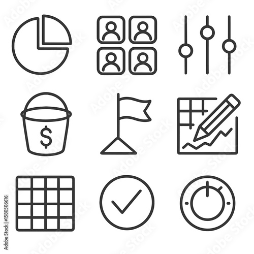 Budget Strategy Icons. Line style icons of Budget Allocation Strategy: allocation pie, department icon grid, slider controls,