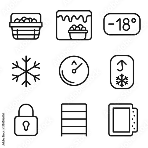 Frozen Pea Storage Icons. Line style icons of Frozen Pea Storage Features: freezer shelf, frost buildup, temperature display, ice