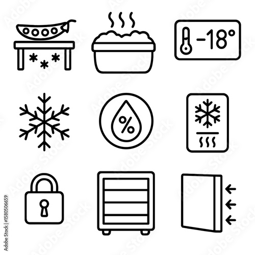 Frozen Pea Storage Icons. Line style icons of Frozen Pea Storage Features: freezer shelf, frost buildup, temperature display, ice