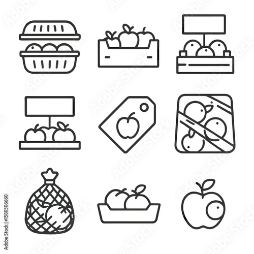 Fruit Packaging Icons. Line style icons of Fruit Packaging & Display: clamshell container, produce box, display crate, shelf label