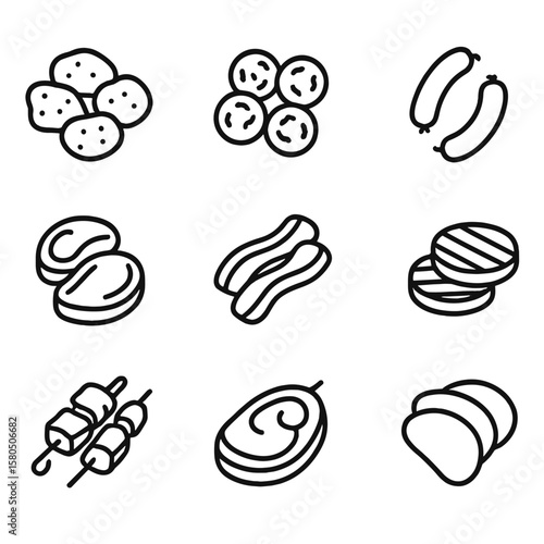 Frozen Meat Icons. Line style icons of Frozen Meat Products: chicken nuggets, meatballs, sausage links, bacon strips, steak