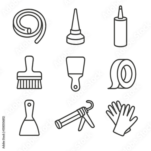 Foundation Sealing Icons. Line style icons of Foundation Joint Sealing: backer rod, sealant nozzle, silicone tube, joint brush,
