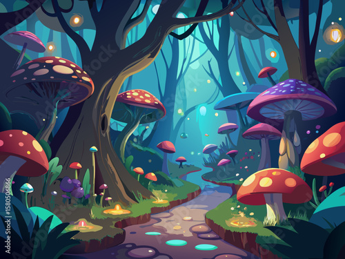 Enchanting forest path lined with glowing mushrooms and magical trees