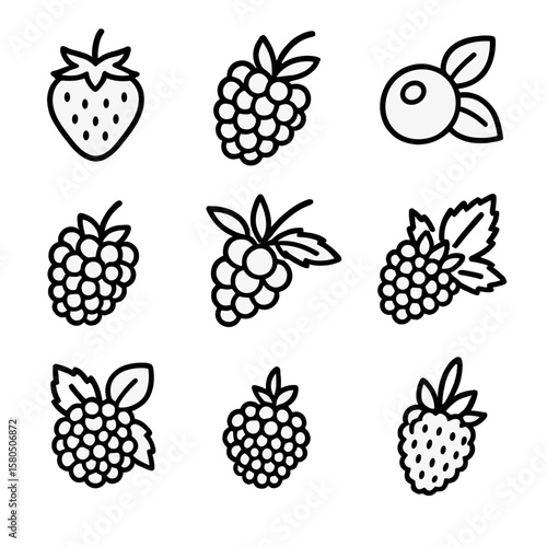 Woodland Berry Icons. Line style icons of Woodland Berry Medley: wild strawberry, wild raspberry, wild blueberry, wild blackberry,