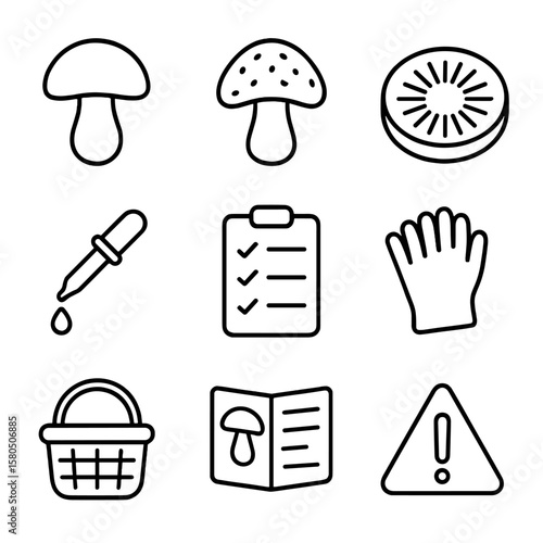 Mushroom Safety Icons. Line style icons of Mushroom Safety: edible cap icon, poisonous cap icon, spore print dish, reagent dropper