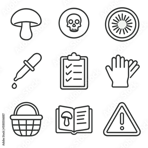 Mushroom Safety Icons. Line style icons of Mushroom Safety: edible cap icon, poisonous cap icon, spore print dish, reagent dropper