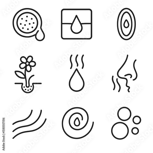 Floral Scent Icons. Outline style icons of Floral Scent & Oil Features: oil gland, scent pore, aromatic resin canal, glandular